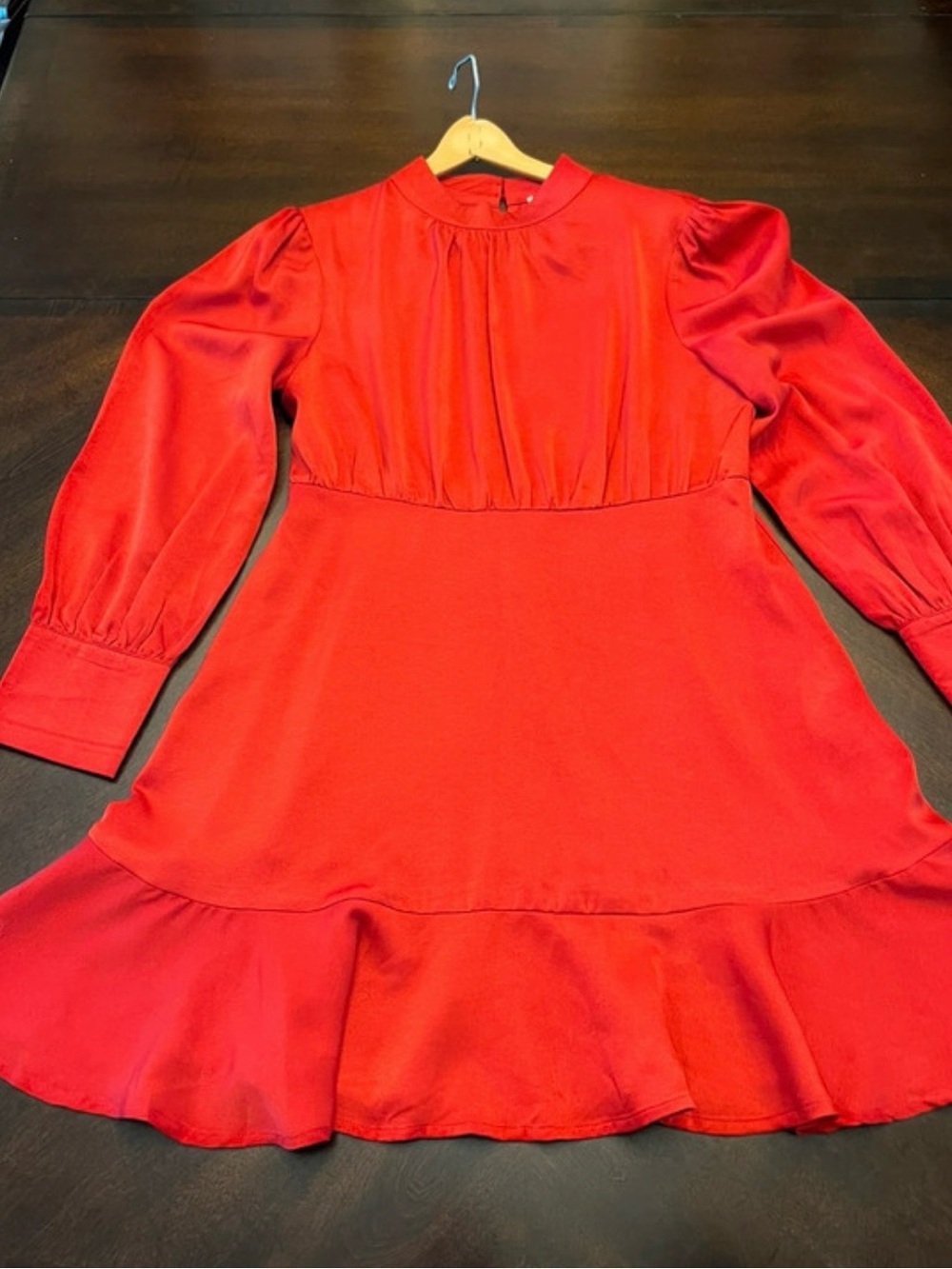 Red Long-Sleeve Ruffle-Hem Mini Dress